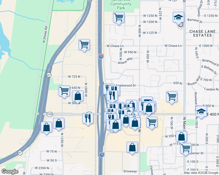 map of restaurants, bars, coffee shops, grocery stores, and more near 638 North 800 West in Centerville