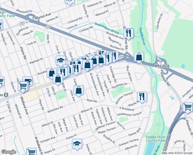 map of restaurants, bars, coffee shops, grocery stores, and more near 90 East Amsterdam Avenue in Fair Lawn