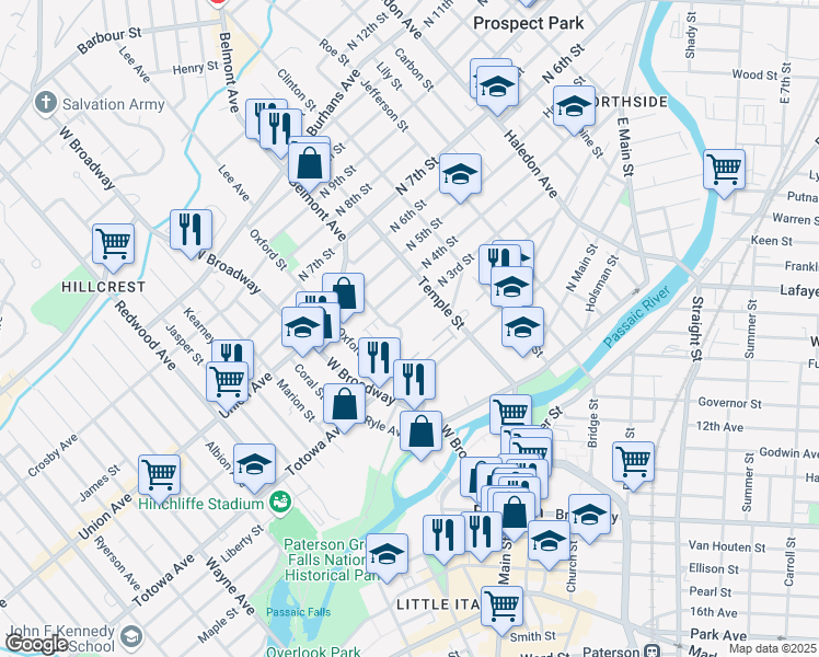 map of restaurants, bars, coffee shops, grocery stores, and more near 54 Cliff Street in Paterson