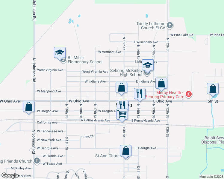 map of restaurants, bars, coffee shops, grocery stores, and more near 426 North 16th Street in Sebring
