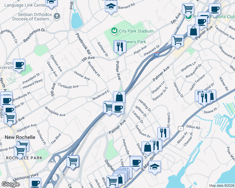 map of restaurants, bars, coffee shops, grocery stores, and more near 17 Lemke Place in New Rochelle
