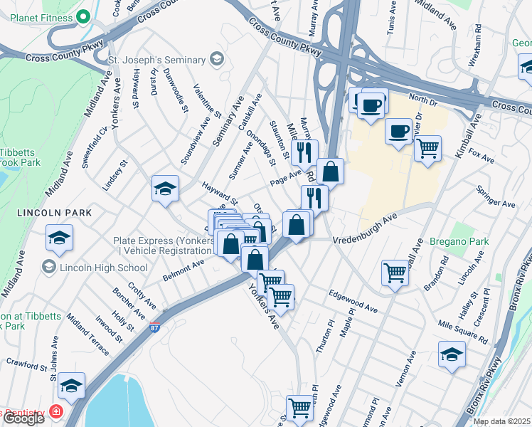map of restaurants, bars, coffee shops, grocery stores, and more near 44 Otsego Street in Yonkers