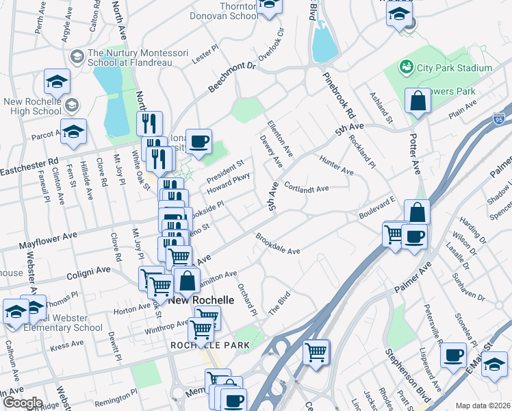 map of restaurants, bars, coffee shops, grocery stores, and more near 14 Bellview Place in New Rochelle