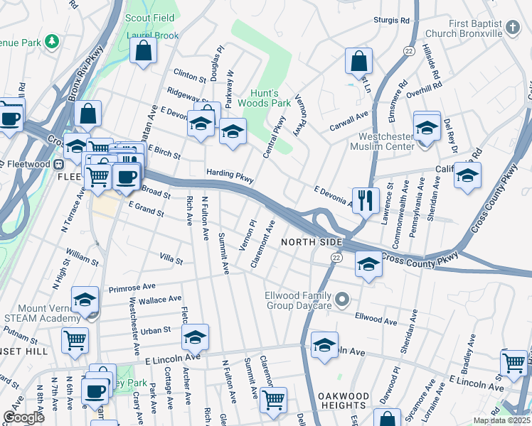 map of restaurants, bars, coffee shops, grocery stores, and more near 374 Claremont Avenue in Mount Vernon