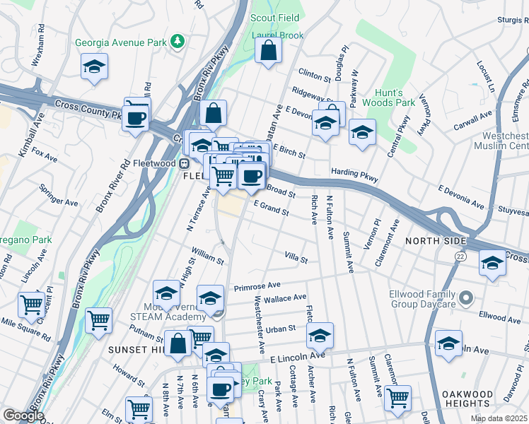 map of restaurants, bars, coffee shops, grocery stores, and more near 42 East Grand Street in Mount Vernon