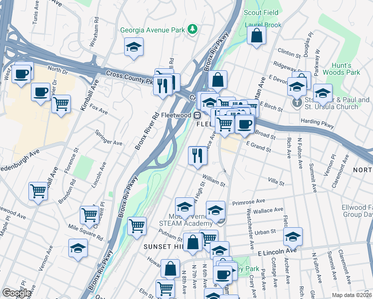 map of restaurants, bars, coffee shops, grocery stores, and more near 642 Locust Street in Mount Vernon