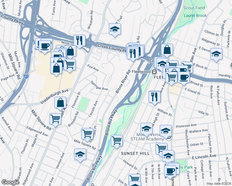 map of restaurants, bars, coffee shops, grocery stores, and more near in Yonkers