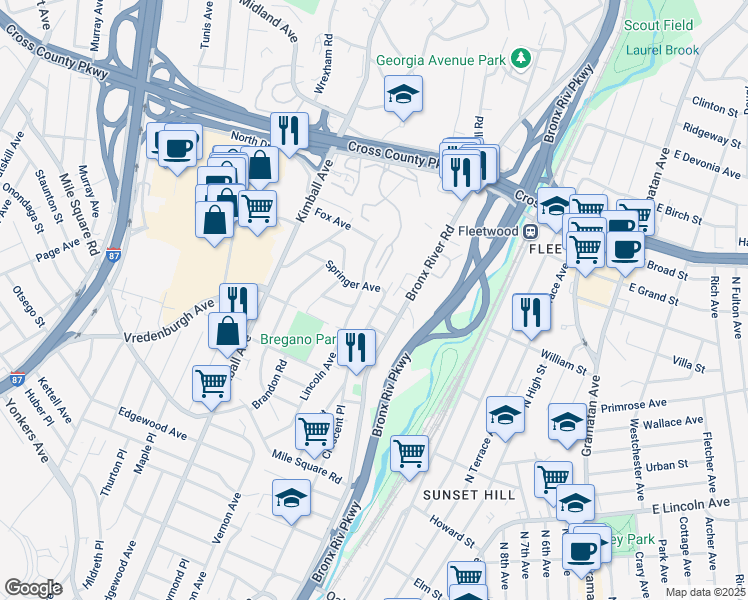 map of restaurants, bars, coffee shops, grocery stores, and more near 66 Springer Avenue in Yonkers