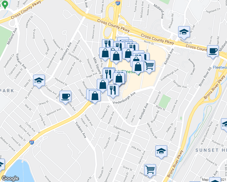 map of restaurants, bars, coffee shops, grocery stores, and more near 18 Mildred Street in Yonkers