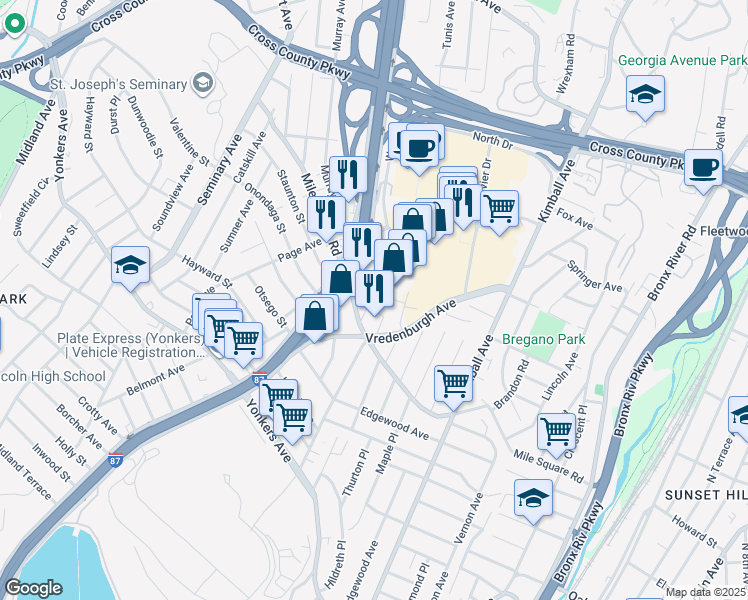 map of restaurants, bars, coffee shops, grocery stores, and more near 18 Mildred Street in Yonkers