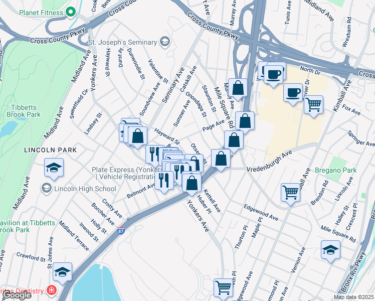 map of restaurants, bars, coffee shops, grocery stores, and more near 275 Hayward Street in Yonkers