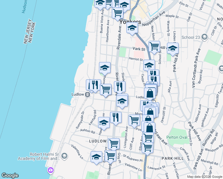 map of restaurants, bars, coffee shops, grocery stores, and more near 236 Hawthorne Avenue in Yonkers