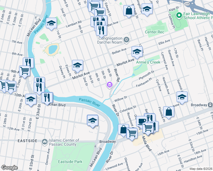 map of restaurants, bars, coffee shops, grocery stores, and more near 4-02 Alyson Street in Fair Lawn