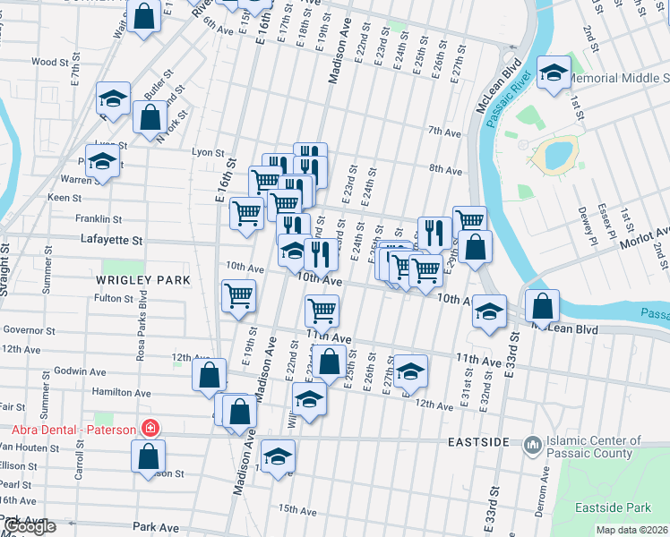 map of restaurants, bars, coffee shops, grocery stores, and more near 461 East 23rd Street in Paterson