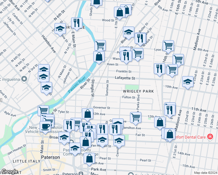 map of restaurants, bars, coffee shops, grocery stores, and more near 111 Lawrence Street in Paterson