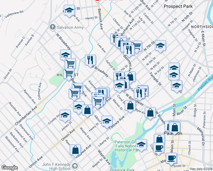 map of restaurants, bars, coffee shops, grocery stores, and more near 22 Garrison Street in Paterson
