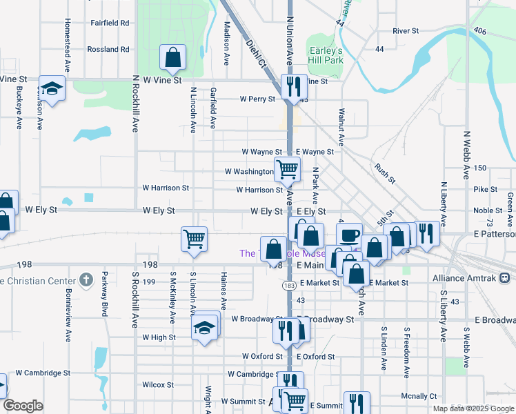 map of restaurants, bars, coffee shops, grocery stores, and more near 147 West Ely Street in Alliance