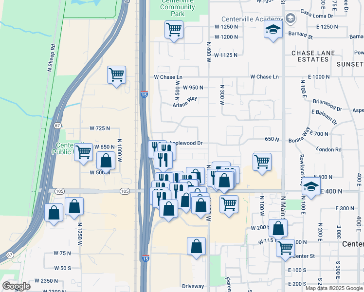 map of restaurants, bars, coffee shops, grocery stores, and more near 551 Applewood Drive in Centerville