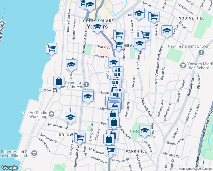 map of restaurants, bars, coffee shops, grocery stores, and more near 34 Highland Avenue in Yonkers