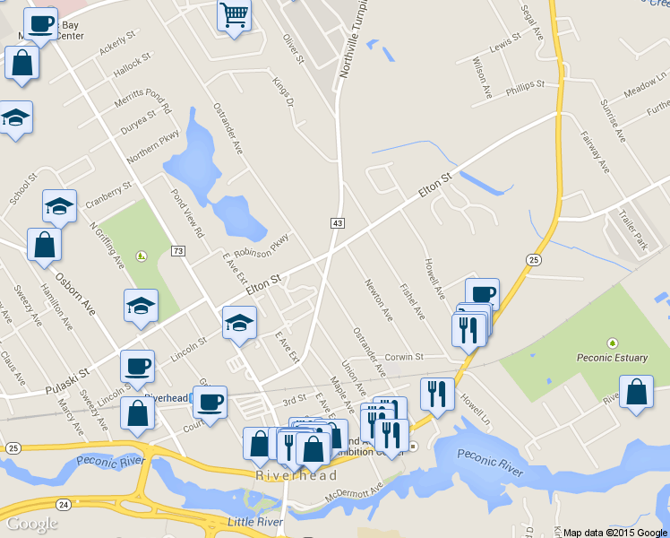 map of restaurants, bars, coffee shops, grocery stores, and more near 505 Northville Turnpike in Riverhead