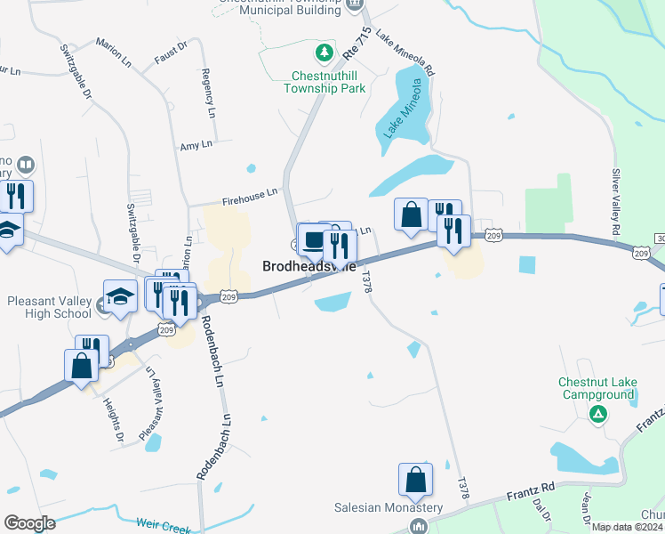 map of restaurants, bars, coffee shops, grocery stores, and more near 1791 U.S. 209 in Brodheadsville
