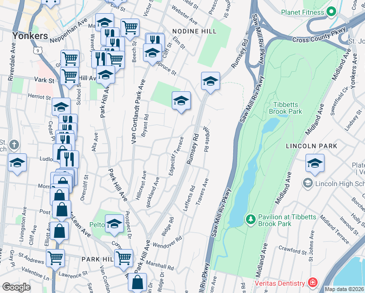 map of restaurants, bars, coffee shops, grocery stores, and more near 120 Edgecliff Terrace in Yonkers
