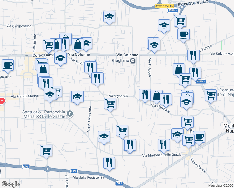map of restaurants, bars, coffee shops, grocery stores, and more near 43 Via Signorelli in Giugliano in Campania