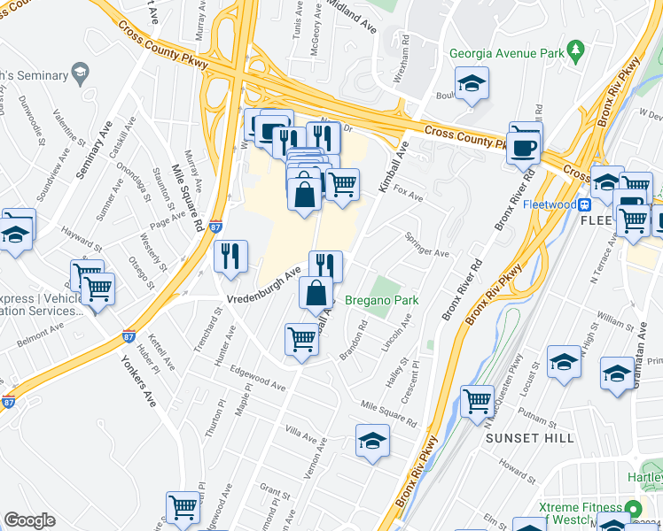 map of restaurants, bars, coffee shops, grocery stores, and more near 134 Vredenburgh Avenue in Yonkers