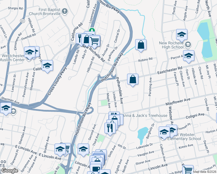 map of restaurants, bars, coffee shops, grocery stores, and more near 72 Maple Avenue in Village of Pelham