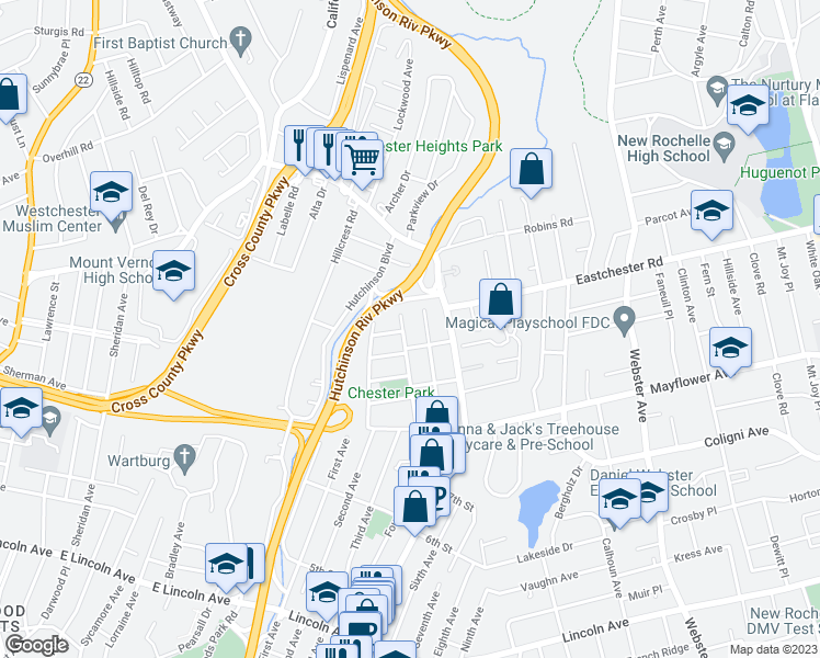 map of restaurants, bars, coffee shops, grocery stores, and more near 72 Maple Avenue in Village of Pelham