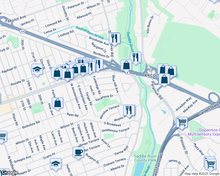 map of restaurants, bars, coffee shops, grocery stores, and more near 39-33 Wenonah Drive in Fair Lawn