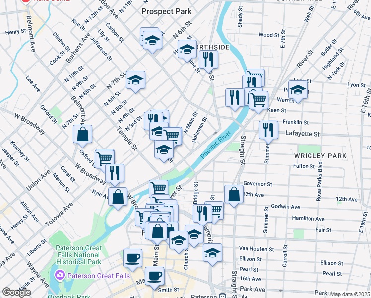 map of restaurants, bars, coffee shops, grocery stores, and more near 23 Jefferson Street in Paterson