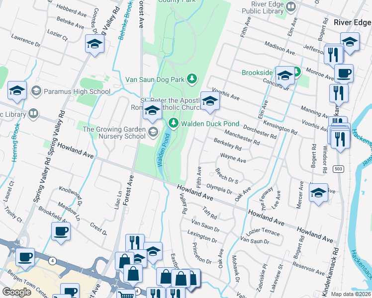map of restaurants, bars, coffee shops, grocery stores, and more near 373 Valley Road in River Edge