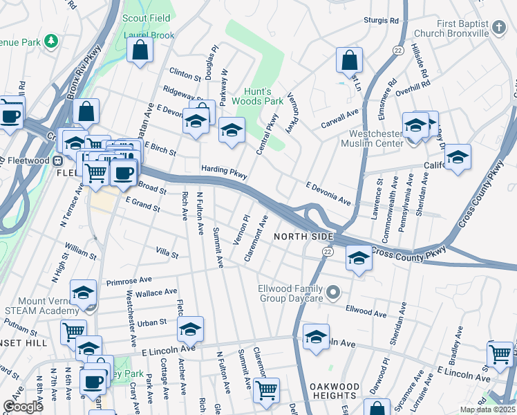 map of restaurants, bars, coffee shops, grocery stores, and more near 374 Claremont Avenue in Mount Vernon