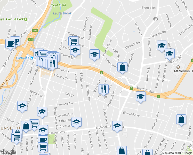 map of restaurants, bars, coffee shops, grocery stores, and more near 31 Central Parkway in Mount Vernon
