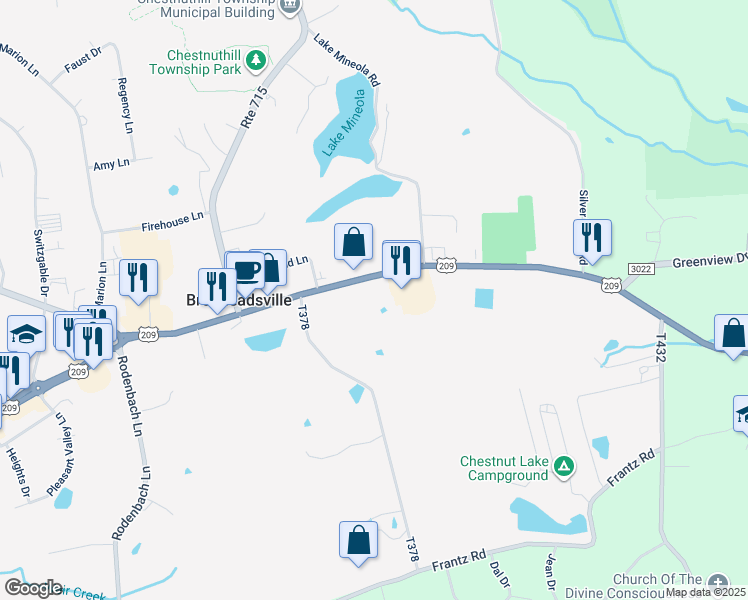map of restaurants, bars, coffee shops, grocery stores, and more near 1844 U.S. 209 in Brodheadsville