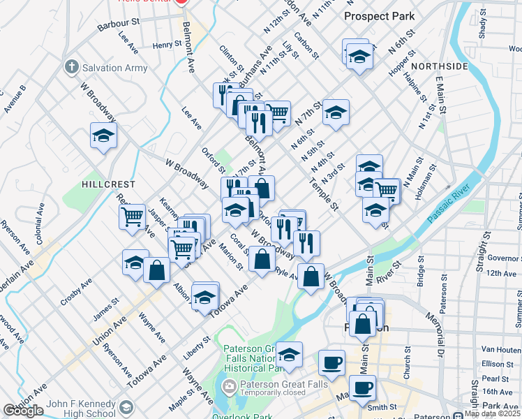map of restaurants, bars, coffee shops, grocery stores, and more near 54 Oxford Street in Paterson