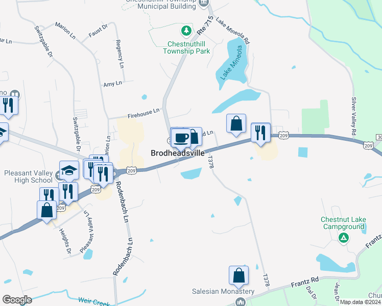 map of restaurants, bars, coffee shops, grocery stores, and more near 1791 U.S. 209 in Brodheadsville