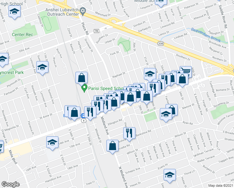map of restaurants, bars, coffee shops, grocery stores, and more near 1-43 Plaza Road in Fair Lawn