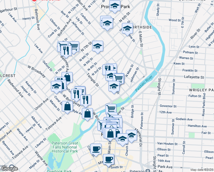 map of restaurants, bars, coffee shops, grocery stores, and more near 55 Clinton Street in Paterson