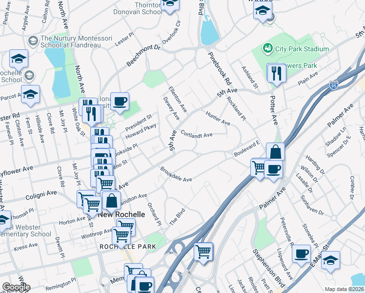 map of restaurants, bars, coffee shops, grocery stores, and more near 12 Slocum Street in New Rochelle