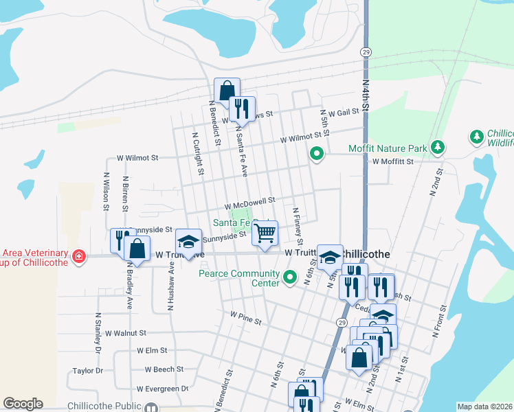 map of restaurants, bars, coffee shops, grocery stores, and more near 1428 North Santa Fe Avenue in Chillicothe