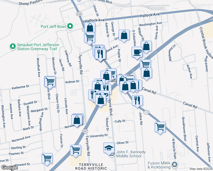 map of restaurants, bars, coffee shops, grocery stores, and more near 55 Jayne Boulevard in Port Jefferson Station