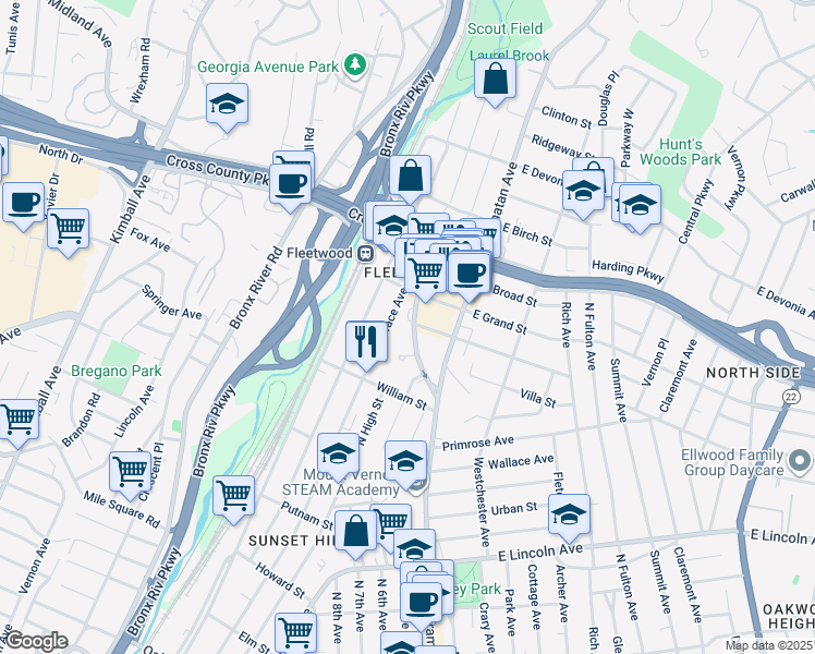 map of restaurants, bars, coffee shops, grocery stores, and more near 651 North Terrace Avenue in Mount Vernon
