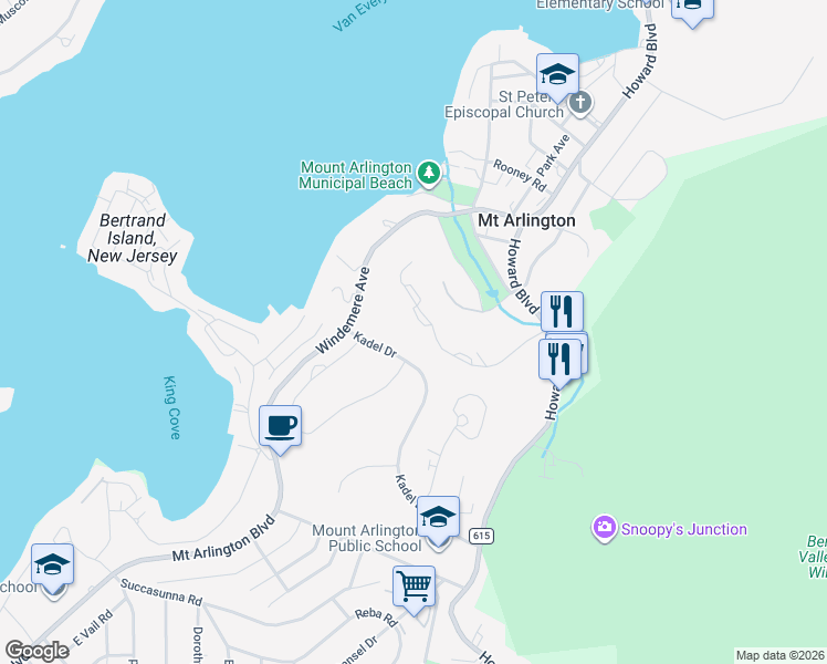 map of restaurants, bars, coffee shops, grocery stores, and more near 2 Ridgeview Lane in Mount Arlington