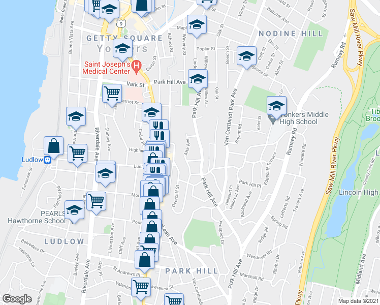 map of restaurants, bars, coffee shops, grocery stores, and more near 70 Alta Avenue in Yonkers