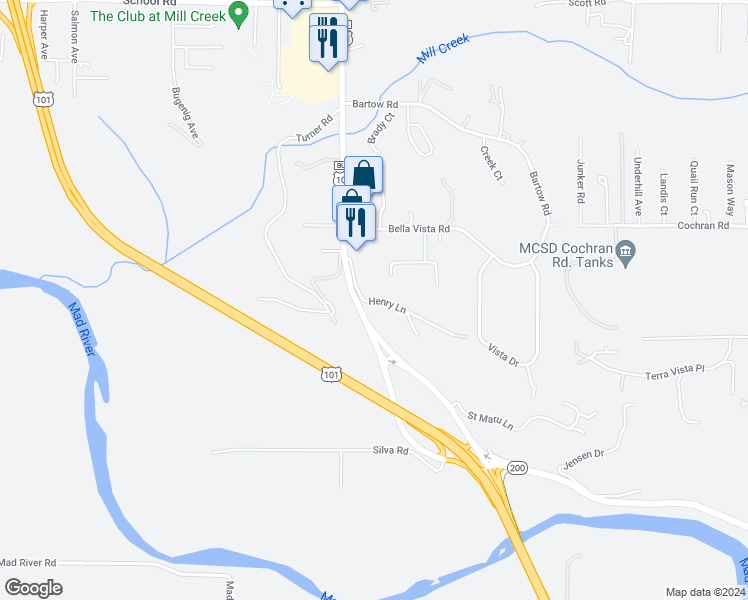 map of restaurants, bars, coffee shops, grocery stores, and more near 1681 Henry Lane in McKinleyville