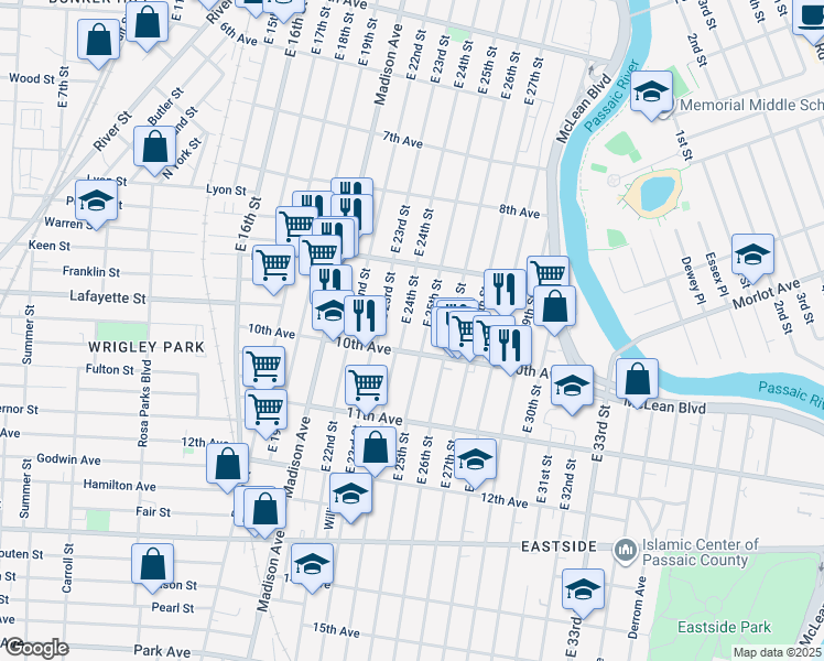 map of restaurants, bars, coffee shops, grocery stores, and more near 433 East 25th Street in Paterson