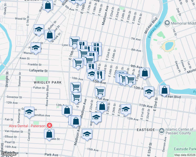 map of restaurants, bars, coffee shops, grocery stores, and more near 465 East 22nd Street in Paterson