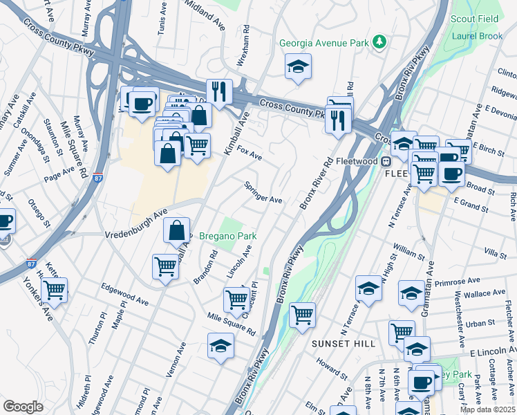 map of restaurants, bars, coffee shops, grocery stores, and more near 15 Frazier Place in Yonkers